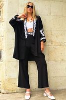 Trend Alaçatı Stili Women's Black Embroidery Detailed Pocketed Trousers and Kimono Jacket Double Set