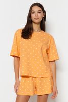 Trendyol Orange 100% Cotton Polka Dot and Heart Knitted Pajama Set