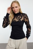 Trendyol Black*001 Tulle Garni Detailed Fitted/Full Neck Ribbed Flexible Knitted Blouse