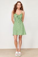 Trendyol Dark Green A-Line Mini Tie Detail Floral Patterned Woven Dress
