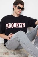 Trendyol Black Oversize/Wide Cut Fluffy Brooklyn City-Text Print 100% Cotton T-Shirt