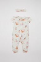 DEFACTO Baby Girl Newborn Dinosaur Printed Short Sleeve Waffle Romper Bandana 2-Piece Set