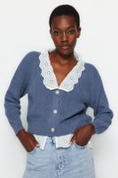 Trendyol Indigo Crop Woven Garni Detailed V Neck Knitwear Cardigan