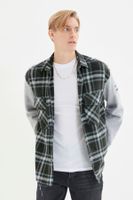 Trendyol Navy Blue Oversize Knitted Sleeves Double Pocket Flap Winter Plaid Lumberjack Jacket Shirt