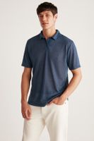 GRIMELANGE Toby Men's Polo Linen Look Tiril Tiril Fabric Navy Blue Polo Collar T-shirt