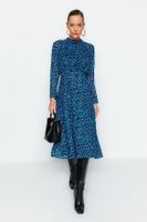 Trendyol Blue Midi Leopard Patterned Woven Winter Dress