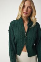 Happiness İstanbul Women's Emerald Green Zippered Knit Pattern Knitwear Cardigan