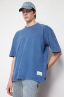 Trendyol Indigo Oversize/Wide Cut Stitched Label Faded Effect 100% Cotton T-Shirt