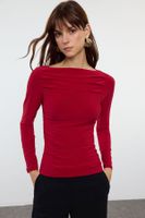 Trendyol Burgundy Boat Neck Draped Fitted Stretchy Knitted Blouse