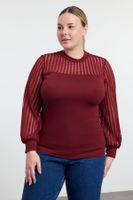 Trendyol Curve Claret Red Stand Collar Lace Knitted Plus Size Blouse