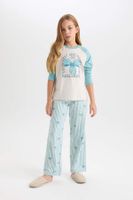 DEFACTO Girls Pajama Set Crew Neck Printed Long Sleeve Top Striped Long Bottom