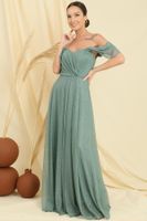 By Saygı Low Sleeve Lined Skirt Pleated Silvery Long Tulle Dress