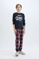 DEFACTO Boy's Pajama Set Crew Neck Printed Long Sleeve Top Plaid Long Bottom