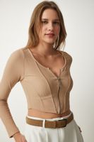 Happiness İstanbul Women's Beige Zipper Ribbed Crop Blouse