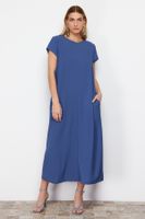 Trendyol Blue Straight Cut Crew Neck Pocket Detailed Aerobin Midi Woven Dress