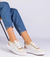 Gemre Beżowe sneakersy damskie na rzepy zdobione brokatem Kasabella