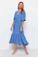 Trendyol Indigo Belted A-Cut Double Breasted Collar Back Detail Midi Woven Dress