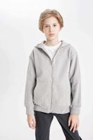 DEFACTO Boy's Basic Gray Hooded School Cardigan with Zipper Pockets