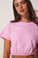 Happiness İstanbul Women's Pink Elastic Waist Crop T-Shirt