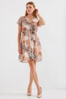 Bigdart 2502 Short Sleeve Patterned Chiffon Dress - Beige