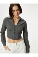 Koton Shirt Collar Crop Blouse Slim Fit Long Sleeve Corset Look