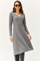 Olalook Women's Smoky Button Detail Double Breasted Midi A-Line Dress