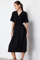 Trendyol Black Tie Detailed A-line V-neck Midi Woven Dress