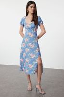 Trendyol Blue Floral Patterned A-Line Short Sleeve Maxi Woven Dress