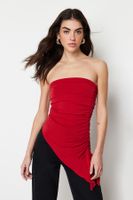 Trendyol Red Strapless Gathered Detailed Fitted/Sleeved Knitted Blouse