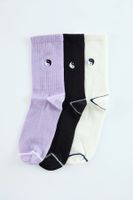 Trendyol Lilac Unisex 3-Pack Ying-Yang Embroidered Cotton Striped College-Tennis-Medium Socks