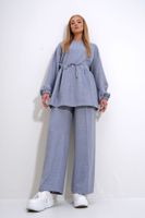 Trend Alaçatı Stili Women's Gray Crew Neck Self-Belt Palazzo Trousers Tunic Suit