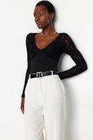 Trendyol Black V Neck Lace Detailed Elastic Snaps Knitted Bodysuit