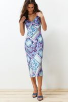 Trendyol Blue Adjustable Strap Printed A Cut/Bell Shape Flexible Knitted Midi Pencil Dress