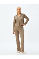 Koton Shirt Collar Pajama Set Ribbed Long Sleeve Top and Straight Leg Bottom 2-Piece