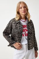 Happiness İstanbul Women's Dark Beige Black Leopard Pattern Denim Jacket