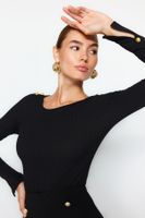 Trendyol Black Boat Neck Ribbed Flexible Regular Fit Long Sleeve Button Detailed Knitted Blouse