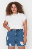 Trendyol Curve Dark Blue High Waist Destroyed Denim Shorts & Bermuda