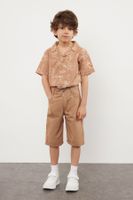 Trendyol Brick Boy Patterned Cotton Shirt-Shorts Woven Bottom-Top Set