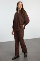 Trendyol Dark Brown Belted Poplin Woven Bottom-Top Set