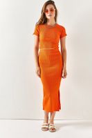 Olalook Women's Orange Short Sleeve Slit Skirt Lycra Suit