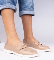 marka niezdefiniowana Dark beige women's moccasins with gold decoration Senna