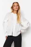 Trendyol Ecru Sleeves Flounced Stand Collar Oversize/Wide Fit Woven Shirt