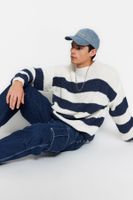 Trendyol Indigo Casual Oversize Fit Wide Mold Crew Neck Striped Knitwear Sweater