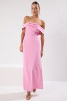 Trendyol Pink Straight Straight Cut Bow Woven Finike Maxi Evening Dress & Homecoming Dress
