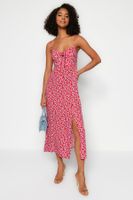 Trendyol Red Floral Print Straight Cut Tie Detailed Strappy Woven Dress