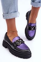 Laura Messi Półbuty Loafersy Damskie Skórzane Na Płaskim Obcasie Czarno-Fioletowe Elkiza