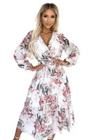 436-3 VALENTINA Midi dress with a neckline and a belt - white with flowers + leaves