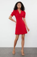 Trendyol Dark Red A-Line Patterned Balloon Sleeve Mini Woven Dress