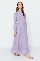 Trendyol Lilac Gingham vzorované volánkové detailní tkané šaty