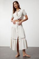 Trendyol Beige Crop Woven Tie-Up Linen Look Blouse